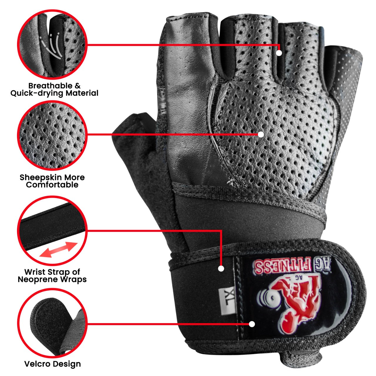AG Fitness Real Leather Weight Lifting Gloves Gym Training Body Building Gloves S-XXL