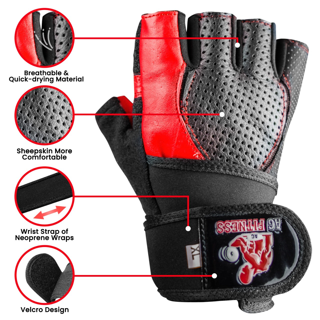 AG Fitness Real Leather Weight Lifting Gloves Gym Training Body Building Gloves S-XXL