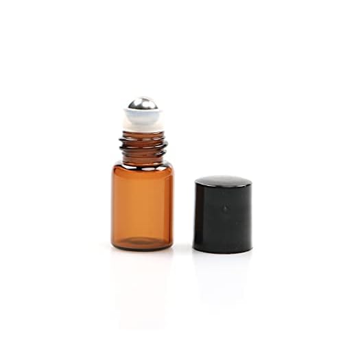 Furnido 25 Pack 2ml Amber Glass Roll on Bottle For Essential Oils,Perfume Vial with Stainless Steel Roller Ball,Black Caps Mini Sample Vials Cosmetics Small Container