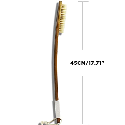 ICANdOIT-17.71Inch Natural Boar Bristles Anti-Slip Long Handle Bath Brush,Bent Handle Shower Scrubber for Exfoliating,Shower Back Brush,Exfoliation Set with Pumice Stone (1 Pack)