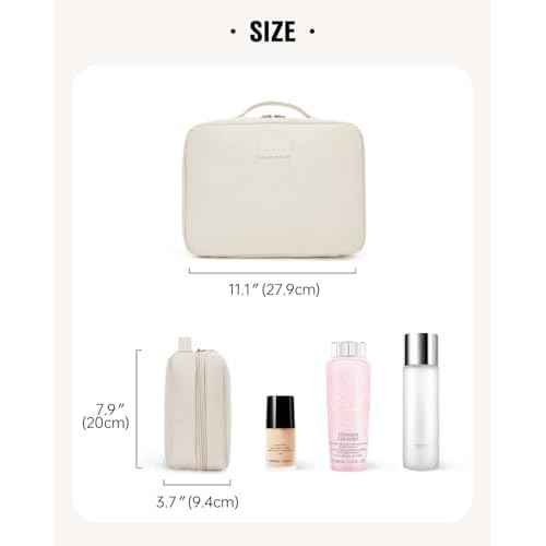 EACHY Toiletry Bag with Hanging Hook, Travel Makeup Bag PU Leather Cosmetic Bags for Women Make Up Organizer with 4 Compartments Waterproof Full-Size Portable Travel Essentials (Beige)