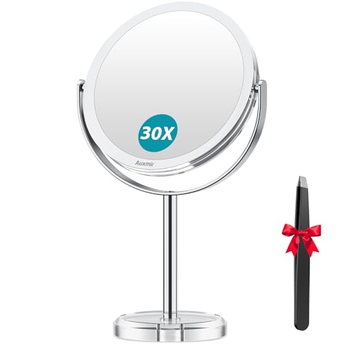 Auxmir 1X/ 30X Magnifying Mirror, Makeup Mirror with Tweezer, 6.8'' Double Sided Round Vanity Tabletop Mirror, 360¡Æ Rotation Portable for Dressing Table Desk Bathroom Bedroom Travel, Clear