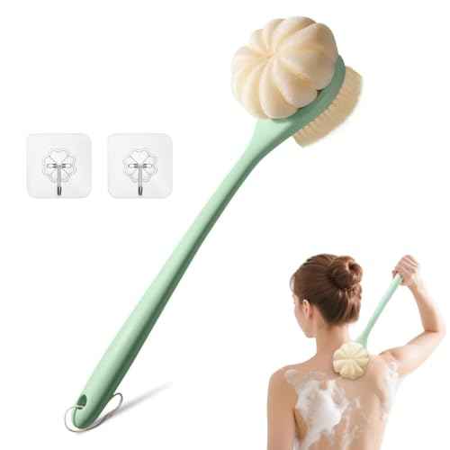 Back Scrubber for Shower, 15.7" Loofah with Handle, Back Shower Brush with Bristles and Loofah, Dry Brushing Body Brush for Cleanse Back and Hard to Reach Areas with Curved Long Handle