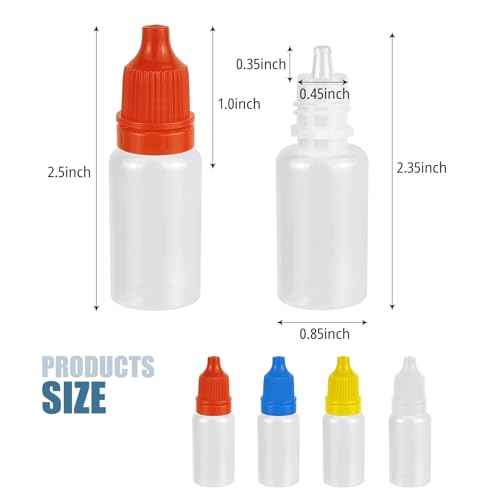4 Pack Eye Dropper Bottles, 10 ML Plastic Travel Squeezable Empty Dropper Bottles with Caps and Plug (White,Red,Blue,Yellow)