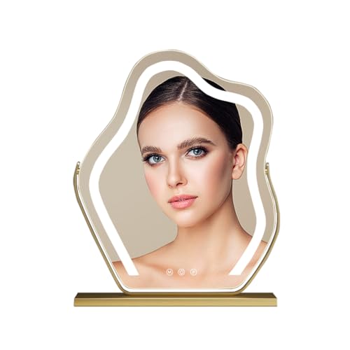 Cloud-Shaped Makeup Mirror with Lights,NO Assembly Required,Painted Gold/Black, 3 Color Modes, Touch Controls, 360¡Æ Rotation, 10X Magnifier (Painted Gold)