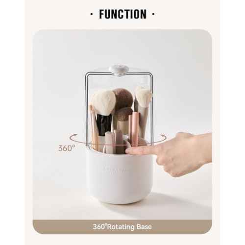 EACHY Makeup Brush Holder 360¡Æ Rotating with Dustproof Lid, Waterproof Material, 7 Compartments for Organized Storage, Stylish and Durable Design for Vanity (White)