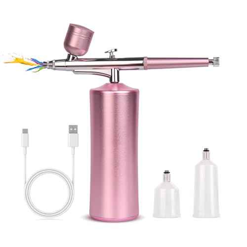 Airbrush Kit with Compressor Rechargeable Cordless 0.3mm Nozzle Airbrush Portable Adjustable Handheld Airbrush Set for Nail Art, Makeup, Painting, Cake Decorating, Pink