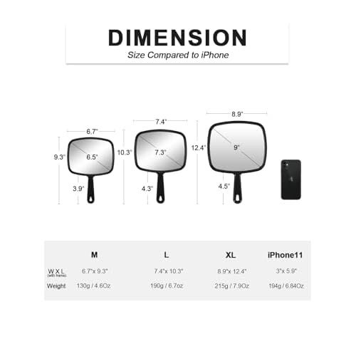 PROTECLE Hand Mirror,9.3" L x 6.7" W Salon Barber Hairdressing Handheld Mirror with Handle, Square Black