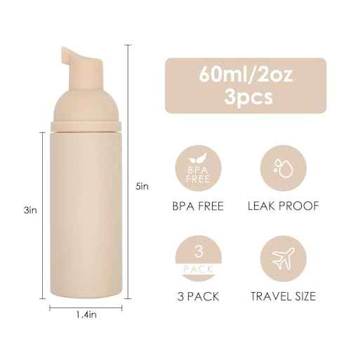 Foam Pump Bottle (Nude), Empty Travel Size Foam Dispenser Pump for Soap Shampoo, Lash Cleanser(60ml/2oz, 3PCS)