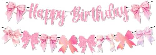 Pink Bow Garland Banner Happy Birthday Banner Decoration Bow Baby Shower Girl Birthday Party Bow Decorations Supplies