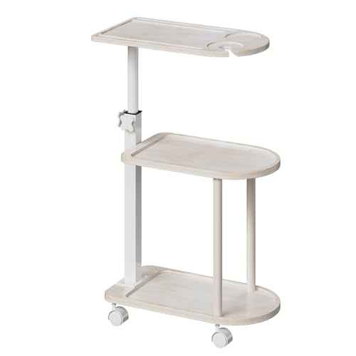 Bamboo 3-Layer Bathtub Tray Stand, Freestanding Rotating Caddy with Adjustable Height, Decorative Bathroom Shelf & Indoor Plant Stand, Spa Organizer for Tub Side Use, Vintage White
