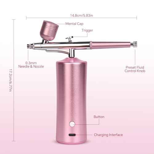 Airbrush Kit with Compressor Rechargeable Cordless 0.3mm Nozzle Airbrush Portable Adjustable Handheld Airbrush Set for Nail Art, Makeup, Painting, Cake Decorating, Pink