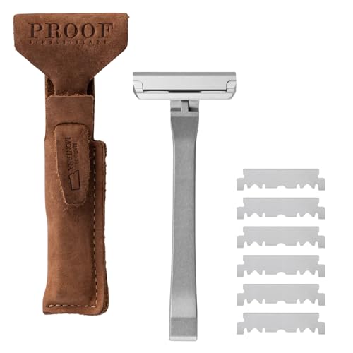 Proof Single Blade Razor for Men Pivoting Head Made in USA - CNC Machined Aluminum Easy Blade Replacement - Includes Genuine Leather Travel Case and Safety Razor Blades