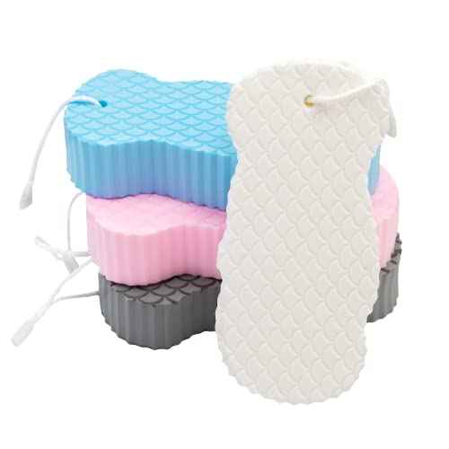 Exfoliating Sponges (4 pcs) - Super Soft exfoliating Bath Shower Sponge - Removes Dead Skin and Impurities from Body - Great for Adults and Children - Pink & Blue & White & Gray
