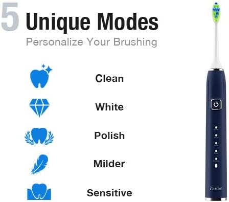 7AM2M Ultrasonic Electric Toothbrush with 6 Brush Heads for Adults&Kids, Type C Charging, One Charge for 120 Days, 5 Modes&40000VPM Powered Toothbrush, 6 Minutes Built in Smart Timer (Navy Blue)