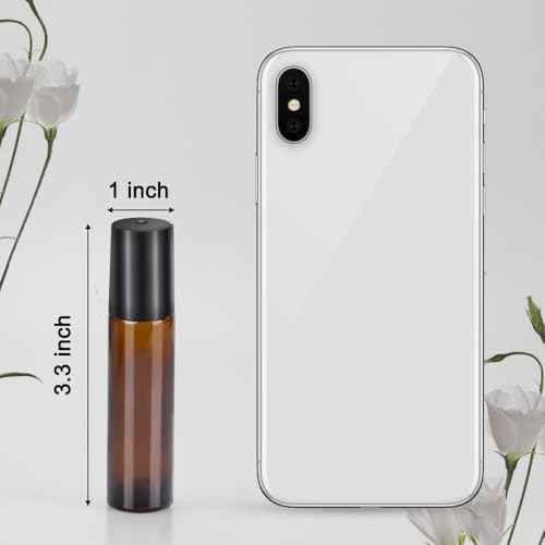 sungwoo 12 Pack Essential Oil Roller Bottles Stainless Steel, 10ml Amber Glass Roller Bottles with Caps for Travel, Perfume and Lip Gloss