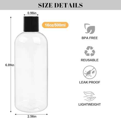 16 oz BPA Free Plastic Suqeeze Bottles with Black Disc Caps Refillable Travel Containers for Toiletries Shampoo conditioner Lotions Liquid Soap Shower Gel (2Pack, Clear)