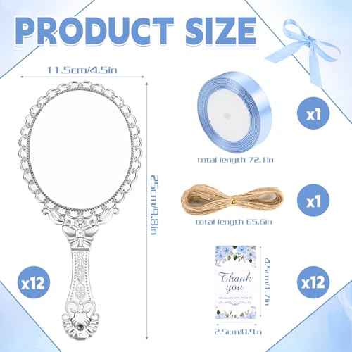 12 Set Vintage Handheld Mirror with Handle, Embossed Flower Portable Princess Mirror with Ribbon and Thank You Tags Compact Hand Travel Mirror for Wedding Classroom Kids Princess Party Favors