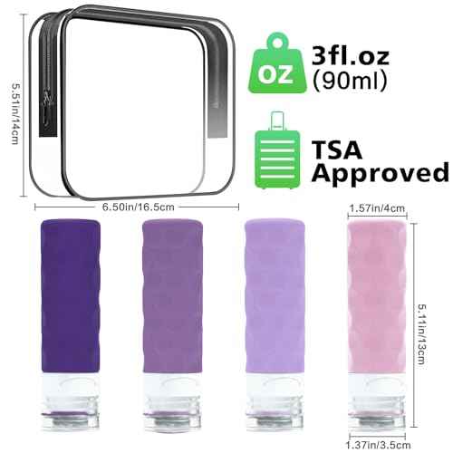 Travel Bottles for Toiletries, 4pcs Tsa Approved 3oz Travel Size Containers, BPA Free Leak Proof Premium Silicone Bottles, Refillable Liquid Squeezable Accessories W/Toiletry Bag(Purple)