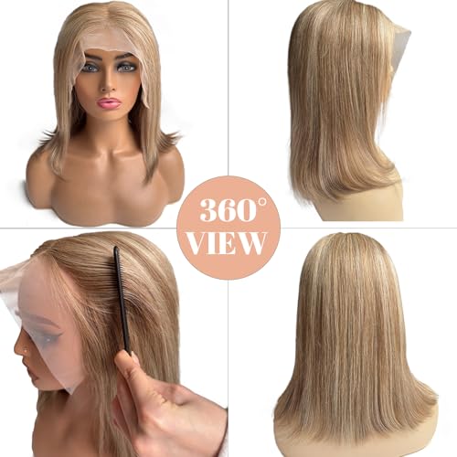 8T860 10 Inch Highlight Bob Wigs Human Hair for White Women Brown to Blonde with Brown Roots Ombre 13x6 HD Lace Front Wig Human Hair Pre Plucked Pre Cut Glueless Straight Bob Wigs with Baby Hair