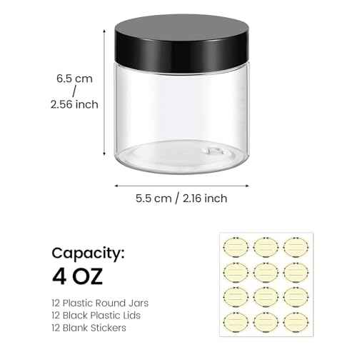 TUZAZO 4 Oz Plastic Container Jars with Lids and Labels BPA Free, Empty Round Clear Cosmetic Slime Jars for Lotion, Cream, Ointments, Body Butter, Makeup, Travel Storage (12 Pack)