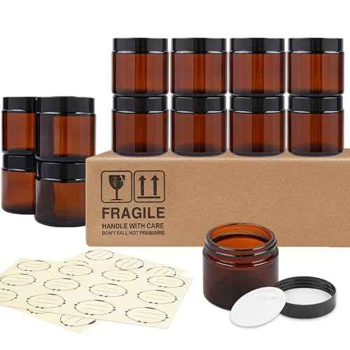 TUZAZO 2 Oz Thick Amber Round Glass Jars with Inner Lids and Black Lids, 12 Pack Small Empty Candle Making Jars/Cosmetic Containers for Lotions, Creams, Body Butters, Essential oil Beauty Products