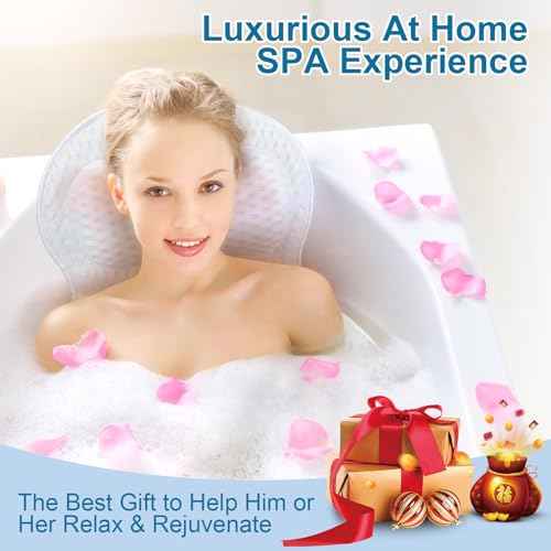 Bath Pillows for Tub Luxury Bathtub Pillow for Neck and Back Support, Soft Bath Tub Pillow Headrest Washable with 4D Mesh & Non-Slip Suction Cups, Relaxing Bath Accessories Spa Gifts for Women (White)