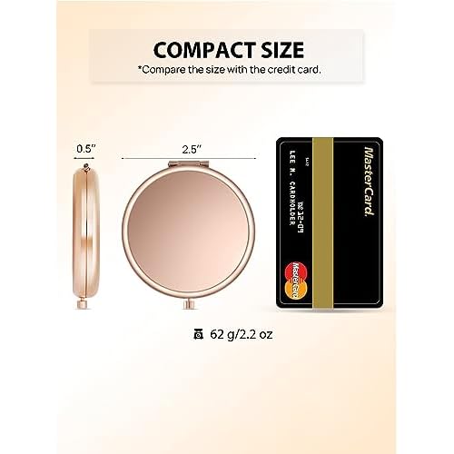 Compact Mirror for Purse, Double-Sided 1X/2X Magnifying Metal Pocket Makeup Mirrors(Round, Rose Gold)