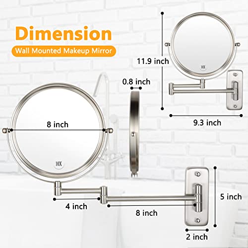 Wall Mounted Makeup Mirror - 10x Magnification 8'' Two-Sided Swivel Extendable Bathroom Mirror Nickel Finish