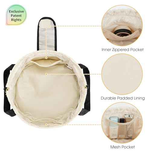 Narwey Barrel Drawstring Makeup Bag Large Cosmetic Bag Make up Bags Women and Girls Toiletry Organizer for Travel Toiletries Accessories Essentials (Black) (Patent)