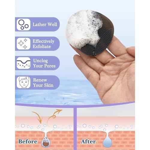 Manmihealth Silicone Back Scrubber (Thick Bristles) & Bath Glove & Face Brush Set(3PCS), Super-Exfoliating & Lathering Body Scrubber, Shower Brush, Face Scrubber Combination, with a Free Hook.(Black)