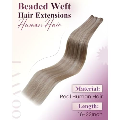 LaaVoo Hair Beaded Weft Hair Extensions Real Human Hair Beaded Weft Hair Extensions Human Hair Blonde Highlighted 22inch 50g