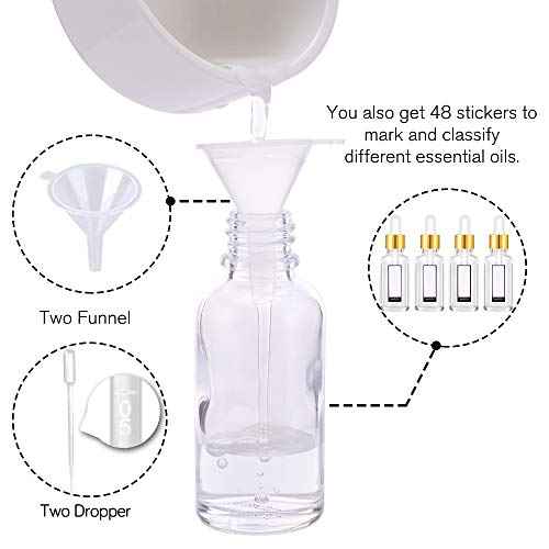 PrettyCare Glass Eye Dropper Bottles 24 Pack, 1oz (30ml) Clear Empty Thick Bottles Bulk with Leakproof Golden Caps - With Labels & Funnels for Storage, Travel, Essential Oils, Cuticle Oils, Tinctures