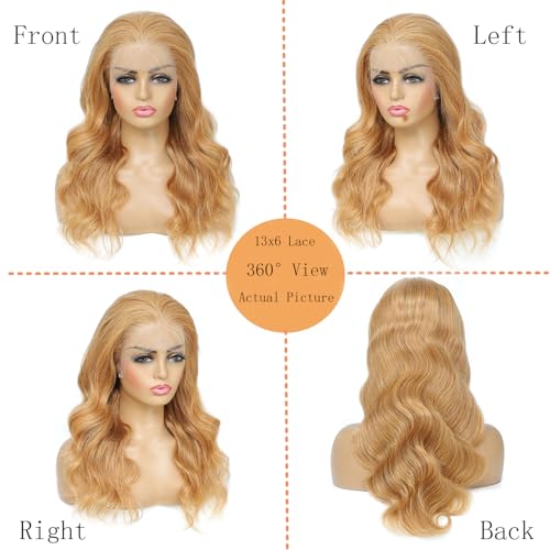 Honey Blonde Lace Front Wig 13x6 HD Lace Front Wigs Human Hair Pre Plucked 27# Blonde Body Wave Lace Wig 180 Density Colored Glueless Frontal Wigs For Black Women Human Hair 13x6 24 Inch