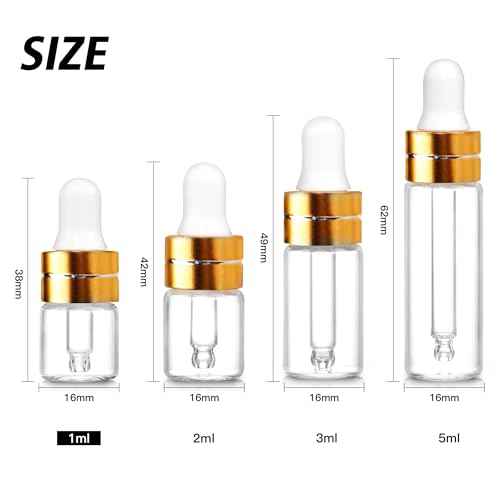 100 Pack 1ml Clear Glass Dropper Bottles with 4 Pcs Plastic Droppers, Mini Sample Dropper Bottles for Essential Oils Perfume Cosmetic Liquid, Empty Travel Sample Vials with Gold Cap