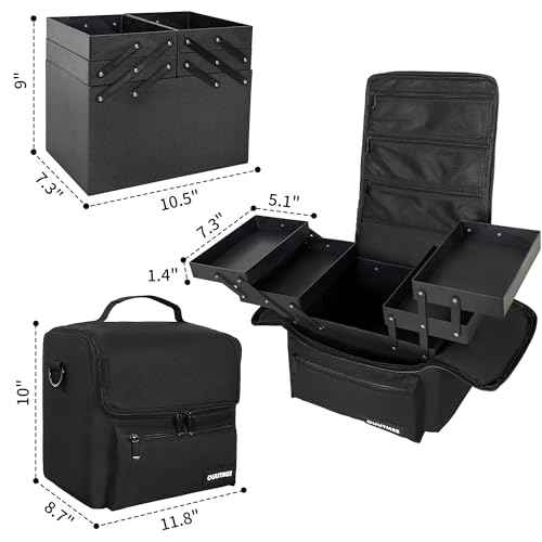 Makeup Travel Train Case, Black Makeup Carrying Organizer Bag, 4 Tier Professional Organizer Case with Straps Pockets for MakeUp Tools