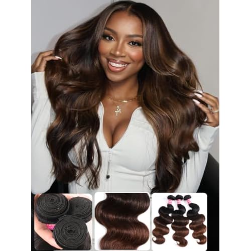 KLAIYI Ombre Brown Body Wave Bundles Human Hair Extensions with Dark Roots 100% Unprocessed Brazilian Real Virgin Hair Weaves Chestnut Brown Double Wefts 12A Wavy One Bundle 24Inch Sew in Piano Color