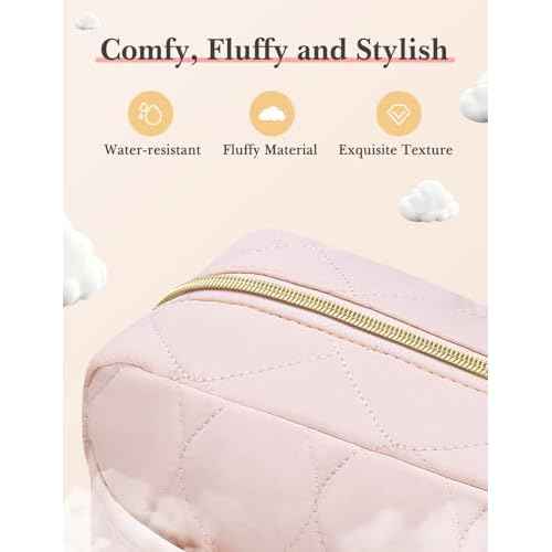 Noozion Makeup Bag, Travel Cosmetic Bag, Puffy Padded Toiletry Bag for Women, Makeup Organizer Case, Wide-open Pouch Purse, Travel Essentials