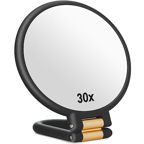 30x Magnifying Mirror, Travel Hand Mirrors with Handle - Double Side Handheld Mirror with 1X 30X Magnification & Adjustable Handle/Stand, Hand Held Foldable Travel Mirror for Makeup(Black)