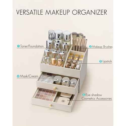 Vlando Makeup Organizer for Vanity,Large Capacity Countertop Organizer with Drawers, PU Leather Cosmetic Display Case for Lipstick,Brushes,Skincare,Bedroom Storage (Beige)