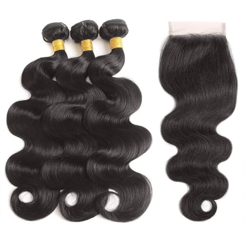 100% Brazilian Virgin Human Hair Body Wave Natural Black Human Hair Bundles with 4x4 Lace Closure, 3 Bundles with Closure (14, 16, 18+12 Natural Black)