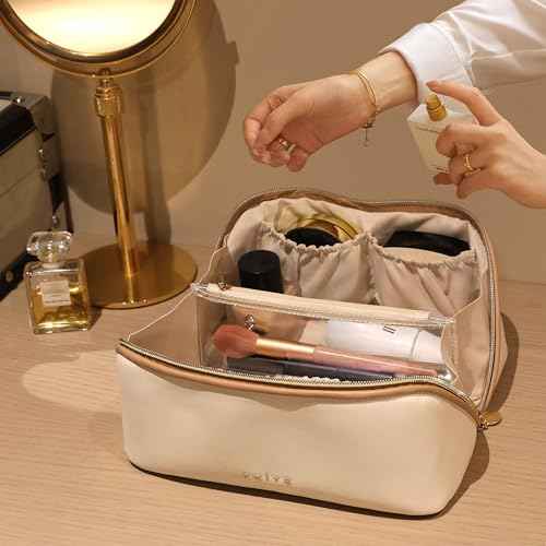Prite Makeup Bag for Women Travel Waterproof Vegan Leather Cosmetic Bag Open Flat Toiletry Bag With Clear Divider and Handle (Large Beige)