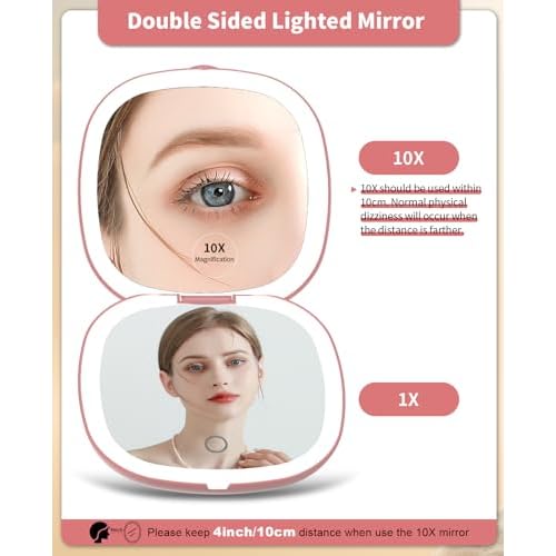WOBSION Rechargeable Lighted Travel Makeup Mirror,1x/10x Compact Magnifying Mirror with Lights,Portable for Bag,4inch,Gift,Rose Gold