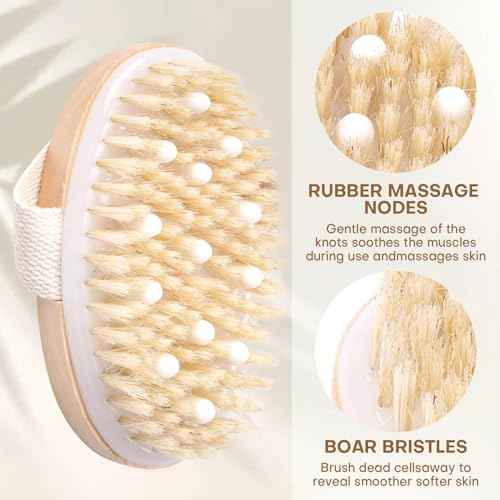 2 Pack Dry Brushing Body Brush, Natural Bristle Exfoliating Brush with Massage Nodes, for Lymphatic Drainage and Improving Skin Health and Reduces Acne