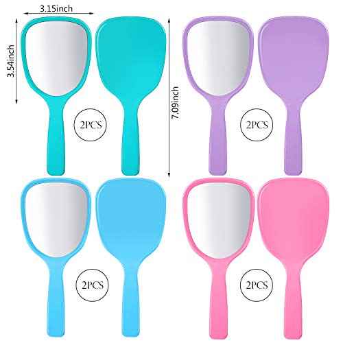 Jetec 8 Pcs Small Handheld Hand Mirror Compact Travel Makeup Mirror Handheld Cosmetic Personal Portable Vanity Glass 3.15 x 7.09 Inch (Blue,Green,Pink,Purple)