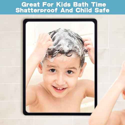 Fog Free Shower Mirror (9 * 7 inch) 3M Adhesive Anti-Fog Bathroom Wall Mirror, Fogless Shower Makeup Mirror for Shaving, Shatterproof Glassless Child Safe Mirror (Rectangular Black Frame)