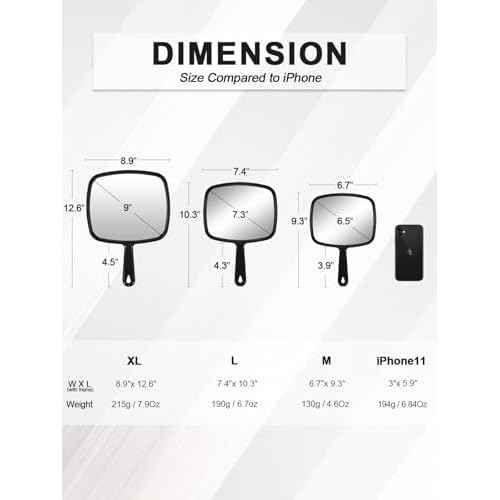 Hand Mirror, Barber Hairdressing Handheld Mirror with Handle for Salon, Square, Black, Medium
