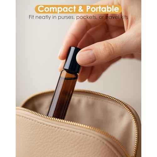 4 Pack Essential Oil Roller Bottles, 10ml Refillable Amber Glass Roller Bottles with Stainless Steel Roller Balls and Caps for Travel, Perfume and Lip Gloss