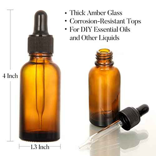 4 Pack, 1 oz Thick Dark Amber Glass Dropper Bottles with 1 Funnels & 4 Labels - 30ml Tincture Bottles with Eye Dropper - Leakproof Essential Oils Bottle - Storage and Travel for Beauty or Health