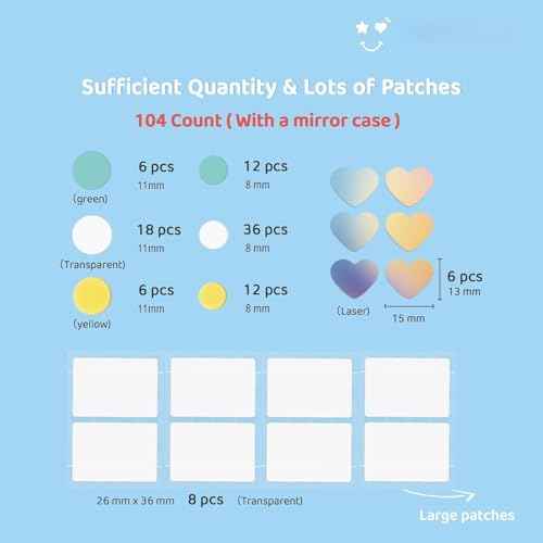 Pimple Patches for Face Hydrocolloid Covers, Yellow green Patches, laser heart-shaped patches , With a mirror case for travel (Large size, 104 Count)